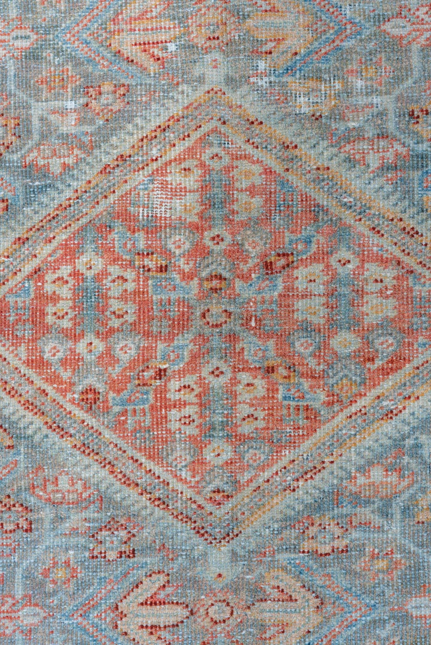 4' x 6' one-of-a-kind handmade vintage Mahal small size rug. Color palette: sky blue, coral, ivory, terra cotta, slate