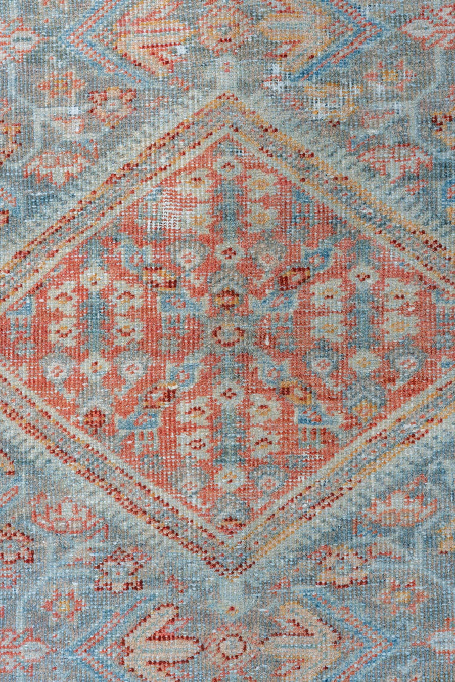 4' x 6' one-of-a-kind handmade vintage Mahal small size rug. Color palette: sky blue, coral, ivory, terra cotta, slate