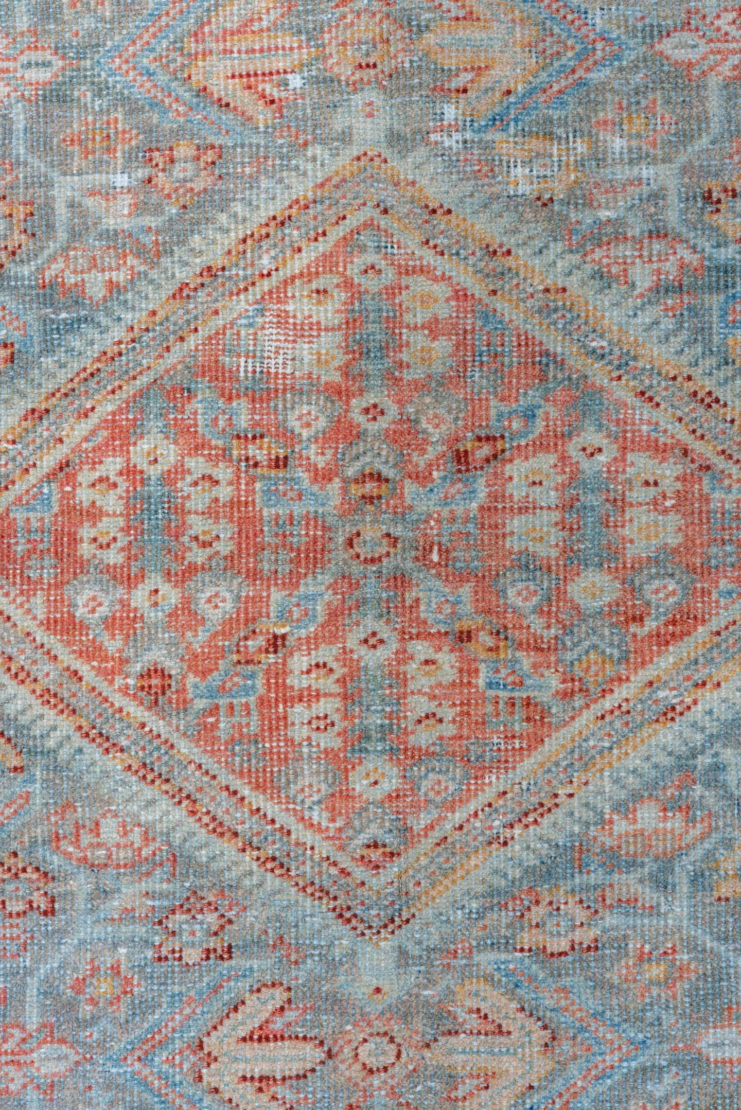 4' x 6' one-of-a-kind handmade vintage Mahal small size rug. Color palette: sky blue, coral, ivory, terra cotta, slate