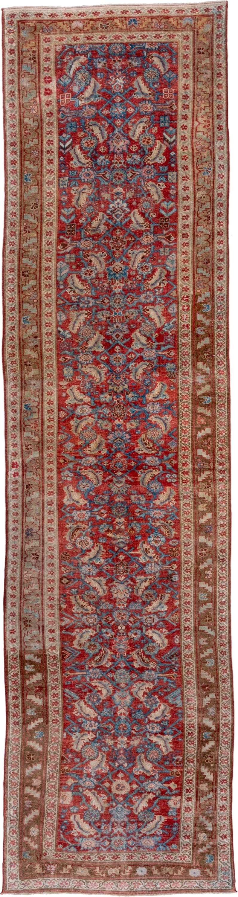 3' x 13' one-of-a-kind handmade vintage Bidjar runner rug. Color palette: red, ivory, blue, camel, rust, brown, sky_blue