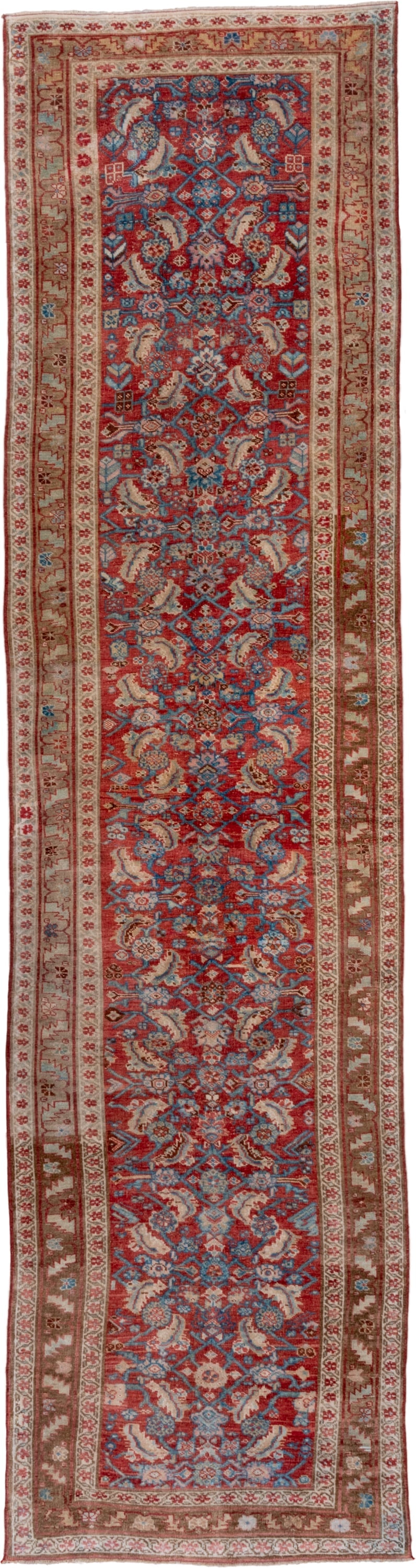 3' x 13' one-of-a-kind handmade vintage Bidjar runner rug. Color palette: red, ivory, blue, camel, rust, brown, sky_blue