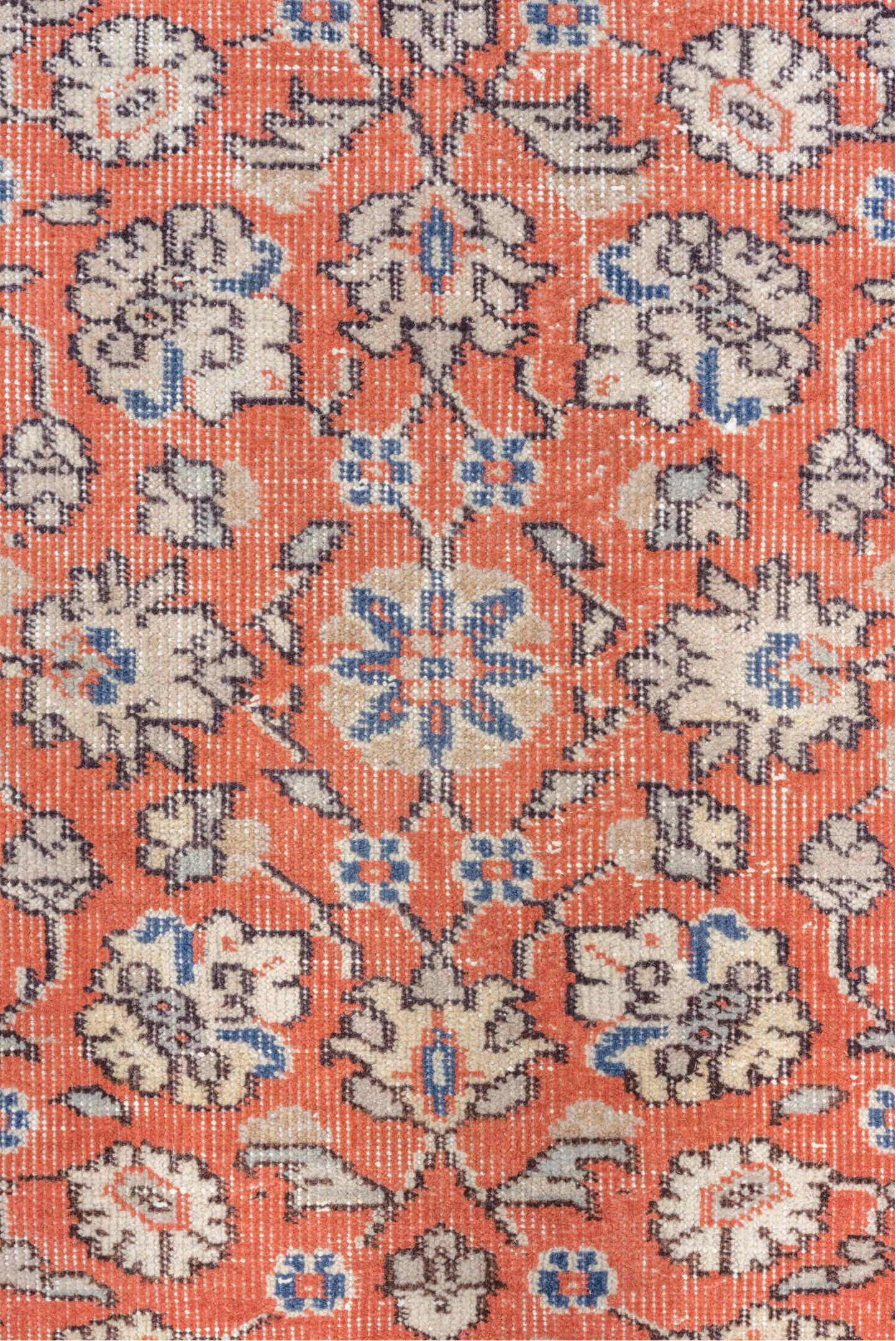 3' x 11' one-of-a-kind handmade vintage Oushak runner rug. Color palette: terra cotta, ivory, rust, blue, sage, taupe