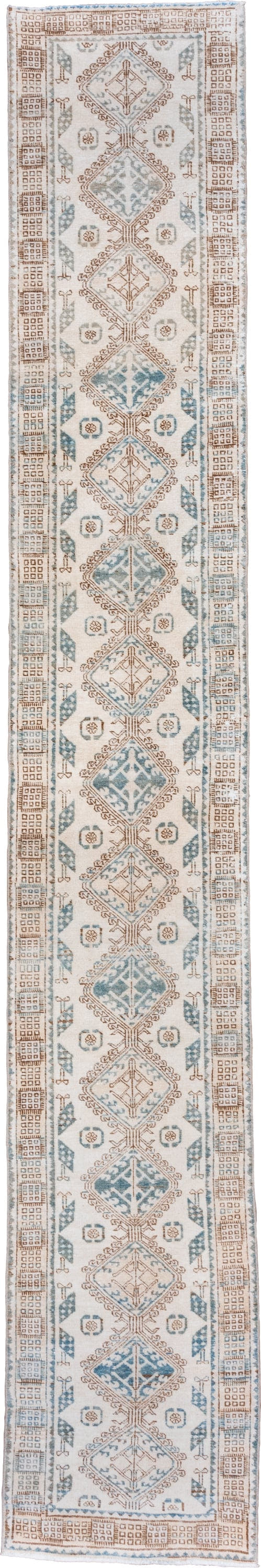 2' x 14' one-of-a-kind handmade vintage Sarab runner rug. Color palette: ivory, sky_blue, camel, taupe, light_blue