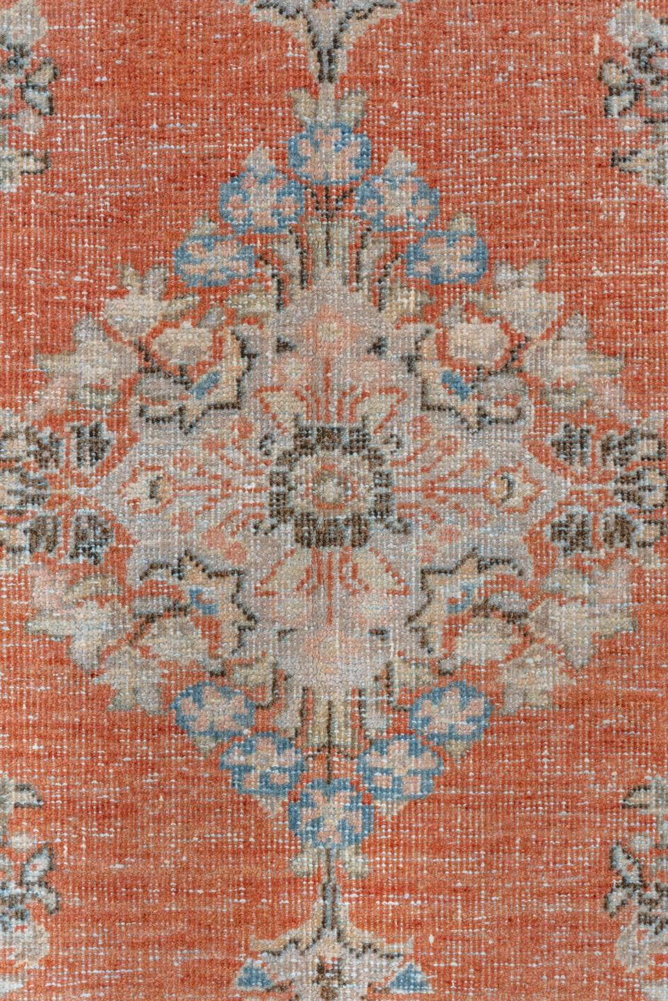 4' x 6' one-of-a-kind handmade vintage Mahal small size rug. Color palette: terra cotta, ivory, sky blue, charcoal, taupe