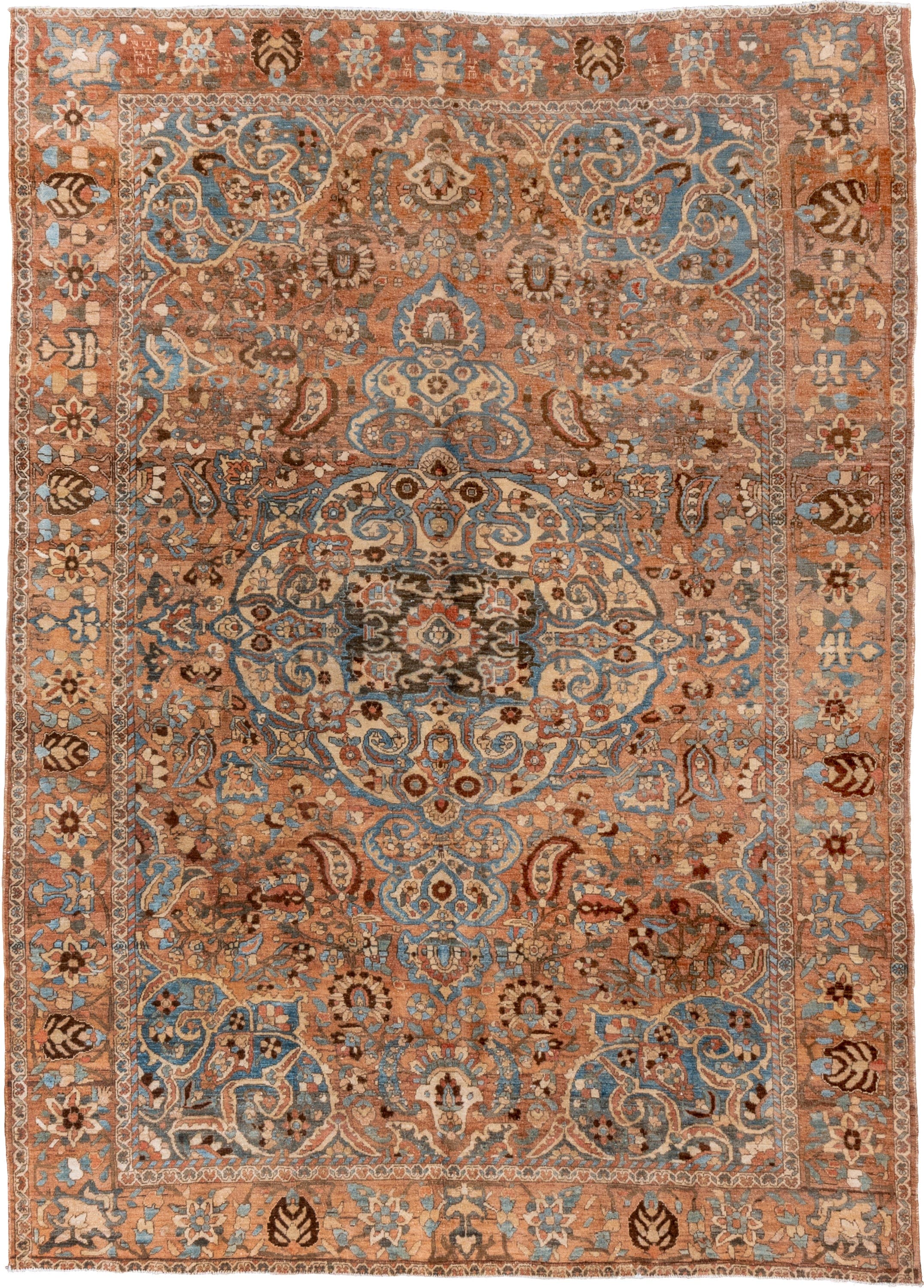 7' x 9' one-of-a-kind handmade vintage Baktiary rug. Color palette: terra cotta, sky blue, ivory, brown, camel, slate