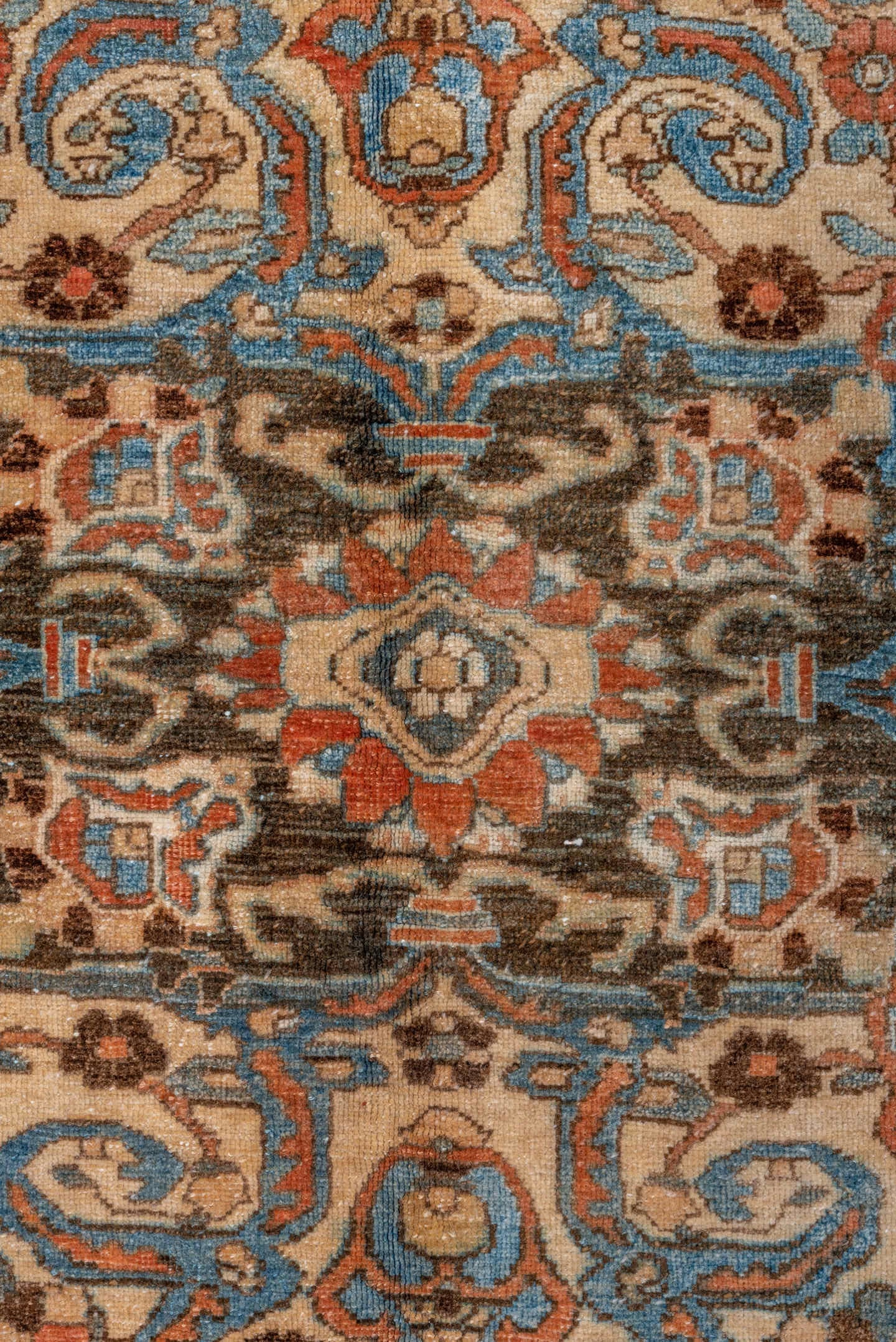 7' x 9' one-of-a-kind handmade vintage Baktiary rug. Color palette: terra cotta, sky blue, ivory, brown, camel, slate