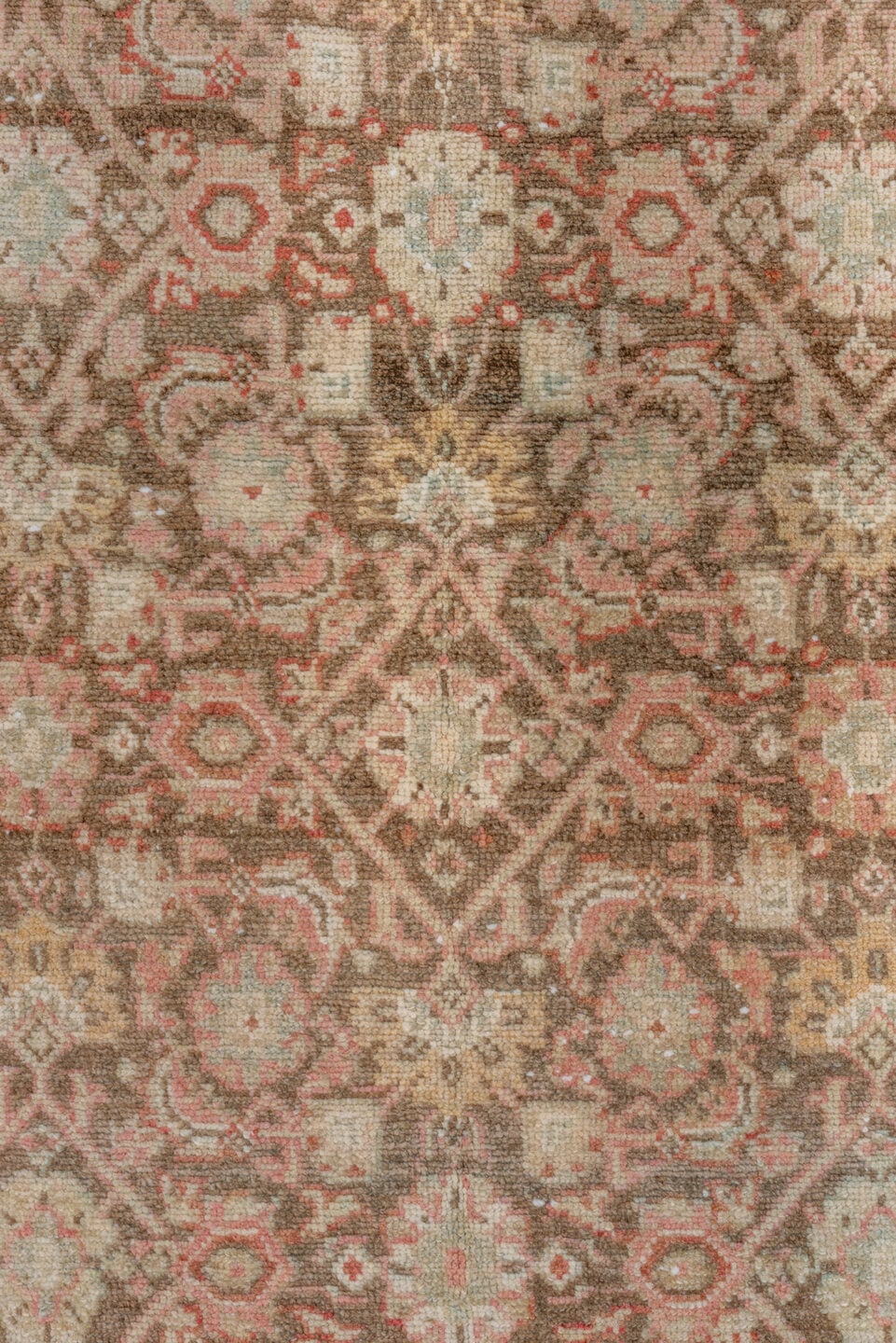 3' x 13' one-of-a-kind handmade vintage Malayer runner rug. Color palette: brown, ivory, terra cotta, sky blue, beige, taupe