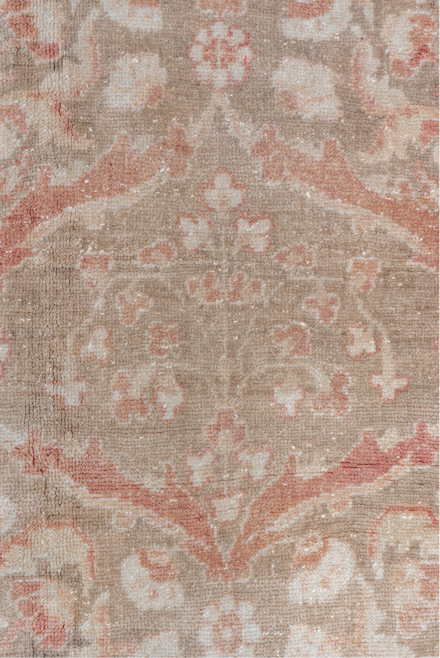 6' x 11' one-of-a-kind handmade vintage Oushak large size rug. Color palette: rose, taupe, ivory, blush, sage, terra cotta
