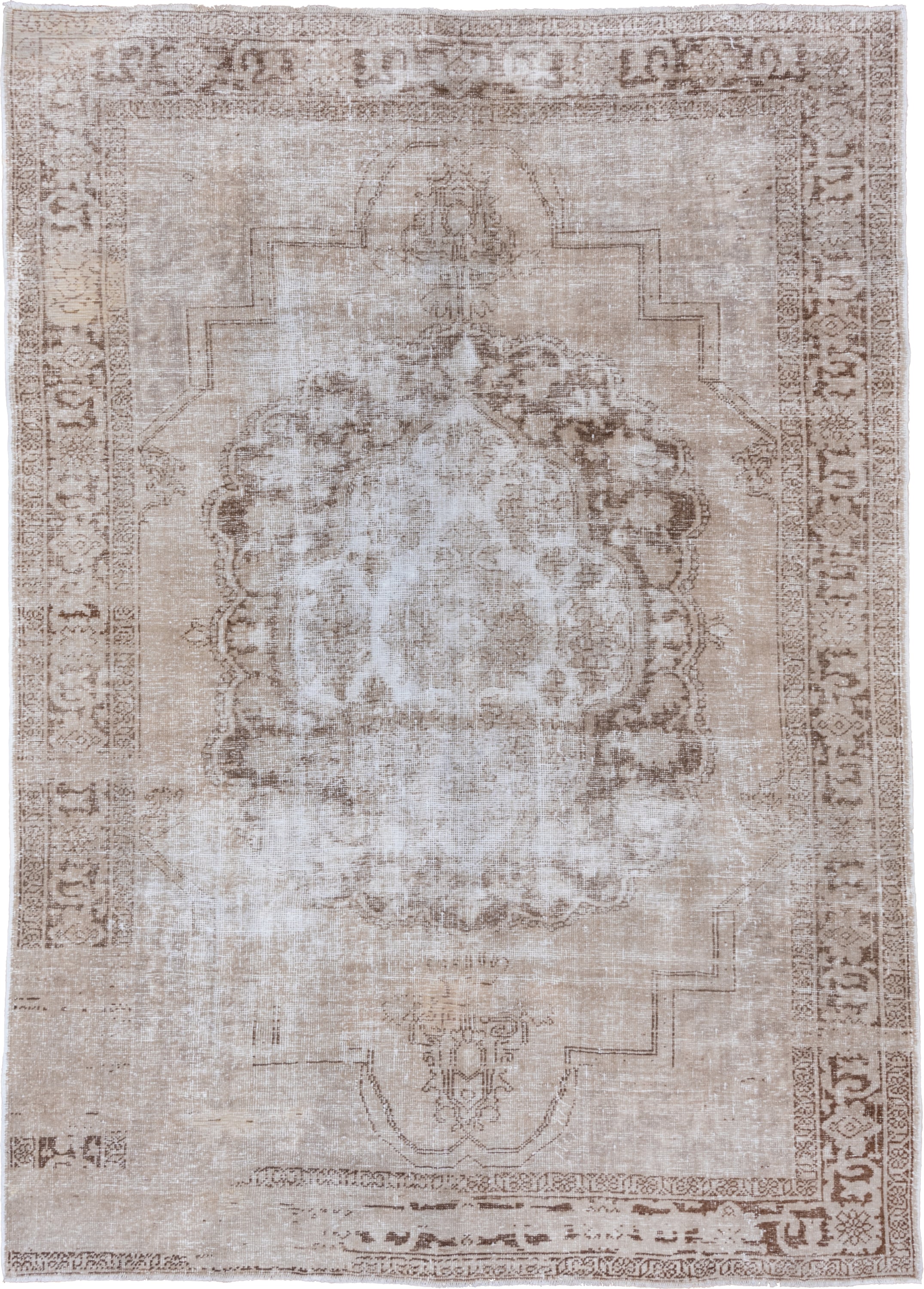 8' x 11' one-of-a-kind handmade vintage Oushak large size rug. Color palette: ivory, taupe, beige, camel, sand, light brown