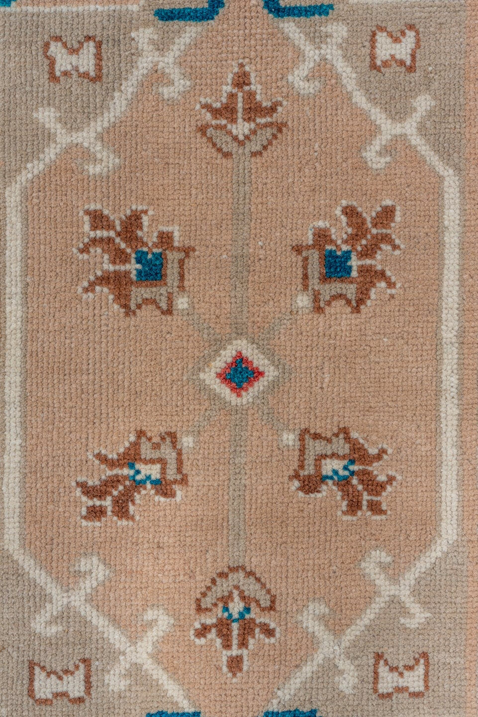 2' x 3' one-of-a-kind handmade vintage Oushak small size rug. Color palette: beige, ivory, taupe, camel, sky_blue, coral