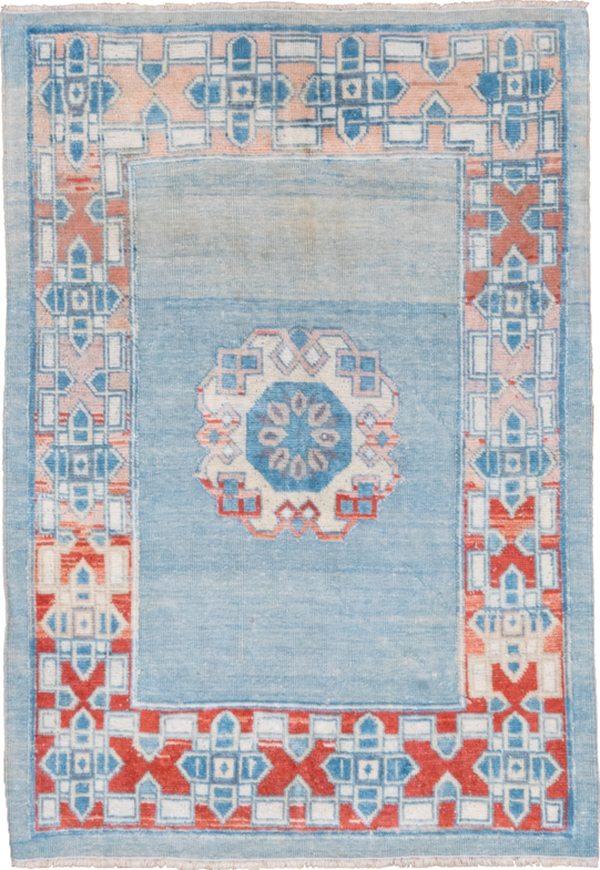 3' x 4' one-of-a-kind handmade vintage Oushak small size rug. Color palette: sky blue, ivory, coral, powder blue, slate