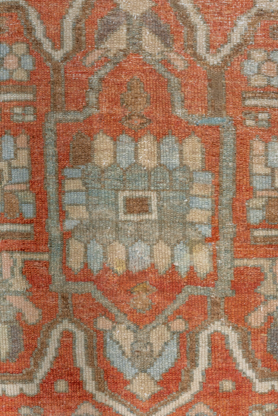 4' x 7' one-of-a-kind handmade vintage Serapi rug. Color palette: terra cotta, rust, slate, ivory, taupe, charcoal, camel