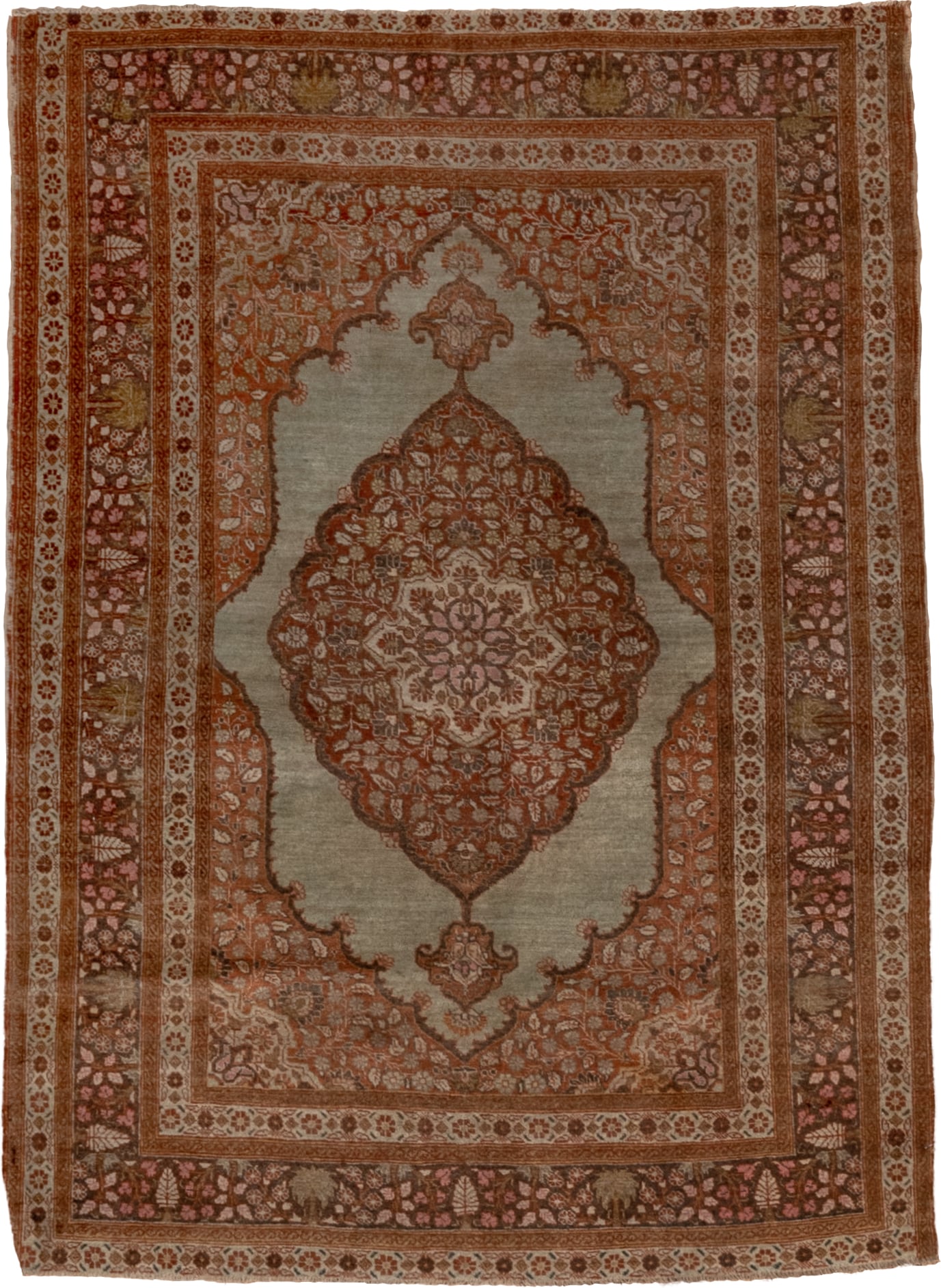 4' x 5' one-of-a-kind handmade vintage Tabriz small size rug. Color palette: rust, ivory, rose, taupe, camel, brown, sage