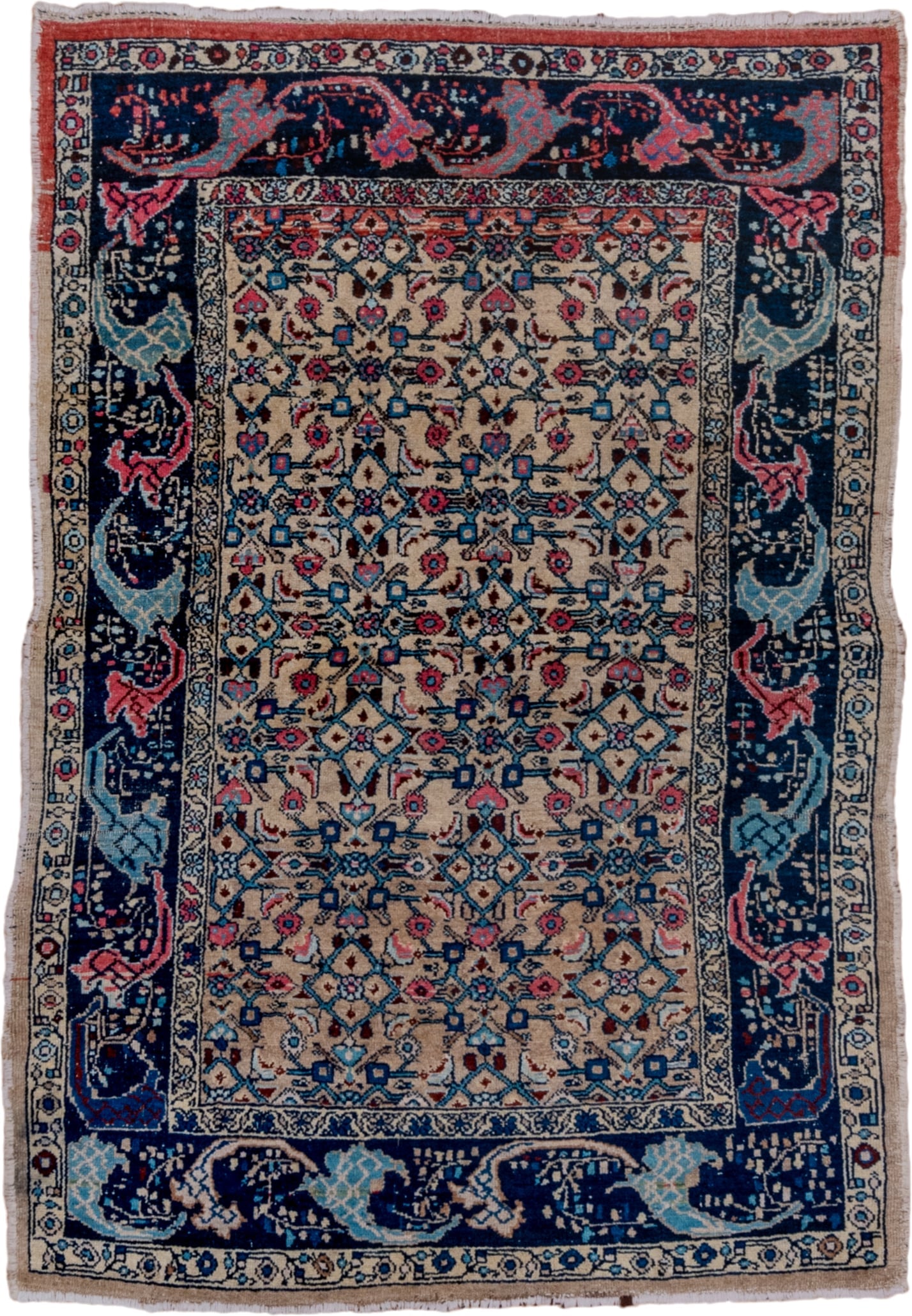 4' x 6' one-of-a-kind handmade vintage Malayer small size rug. Color palette: ivory, navy, sky blue, rose, coral, slate