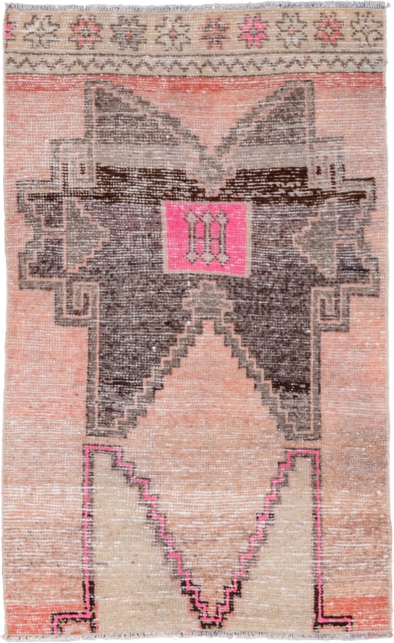 2' x 3' one-of-a-kind handmade vintage Oushak small size rug. Color palette: peach, charcoal, ivory, hot pink, taupe, coral