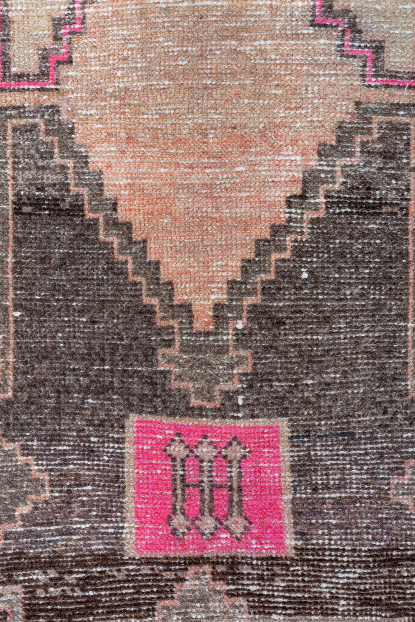 2' x 3' one-of-a-kind handmade vintage Oushak small size rug. Color palette: peach, charcoal, ivory, hot pink, taupe, coral