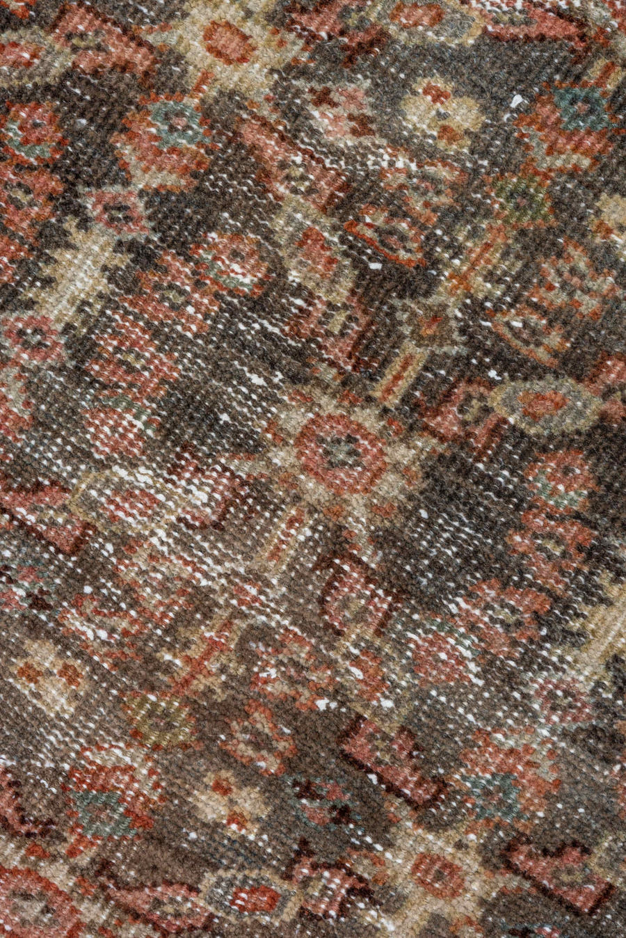 3' x 16' one-of-a-kind handmade antique Mahal runner rug. Color palette: brown, rust, ivory, charcoal, terra cotta, taupe