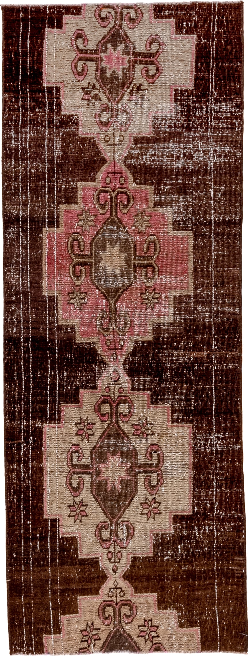 2' x 7' one-of-a-kind handmade vintage Kars runner rug. Color palette: brown, ivory, rose, taupe, dusty pink, pink, red