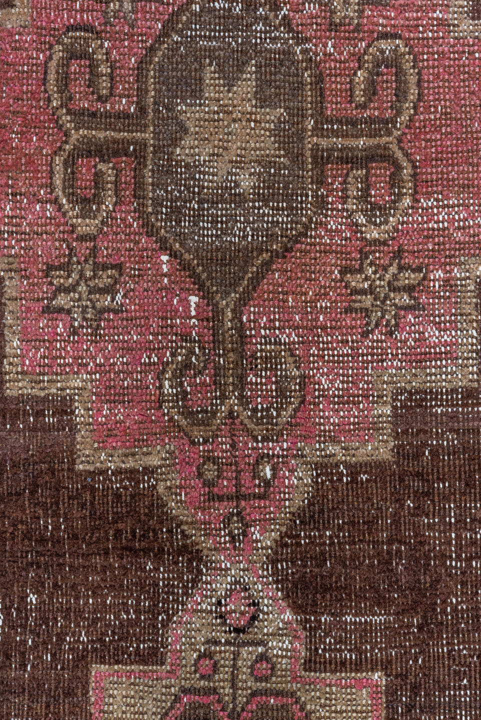 2' x 7' one-of-a-kind handmade vintage Kars runner rug. Color palette: brown, ivory, rose, taupe, dusty pink, pink, red