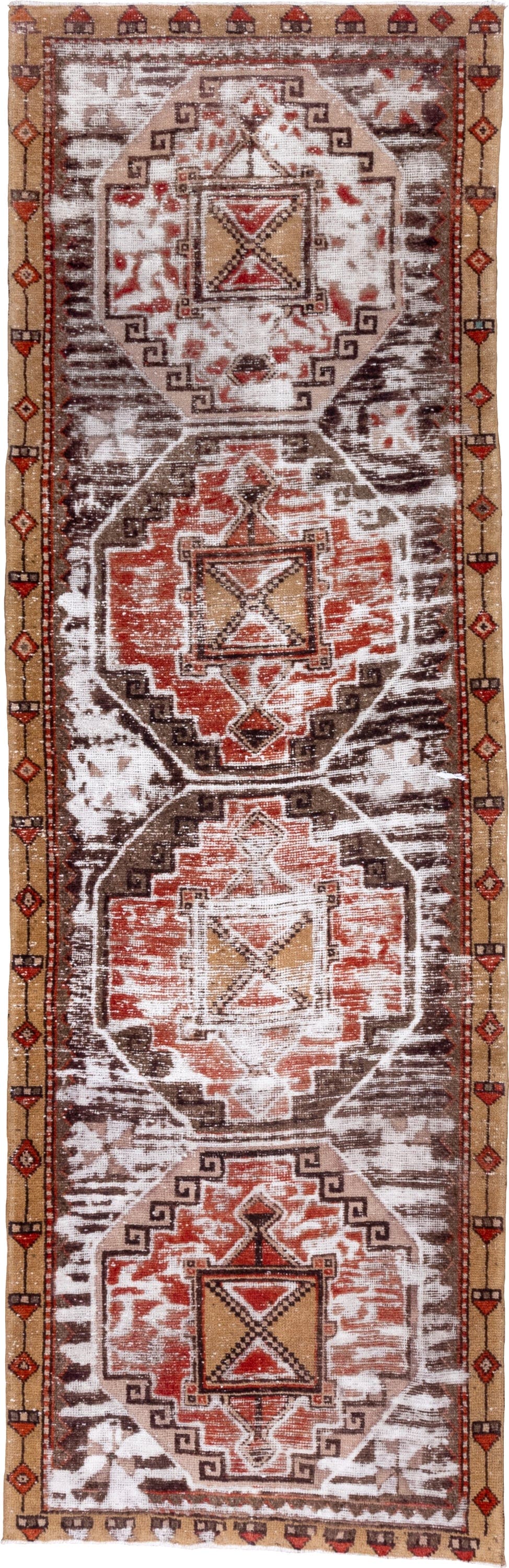 3' x 10' one-of-a-kind handmade vintage Oushak runner rug. Color palette: ivory, brown, rust, camel, terracotta, charcoal