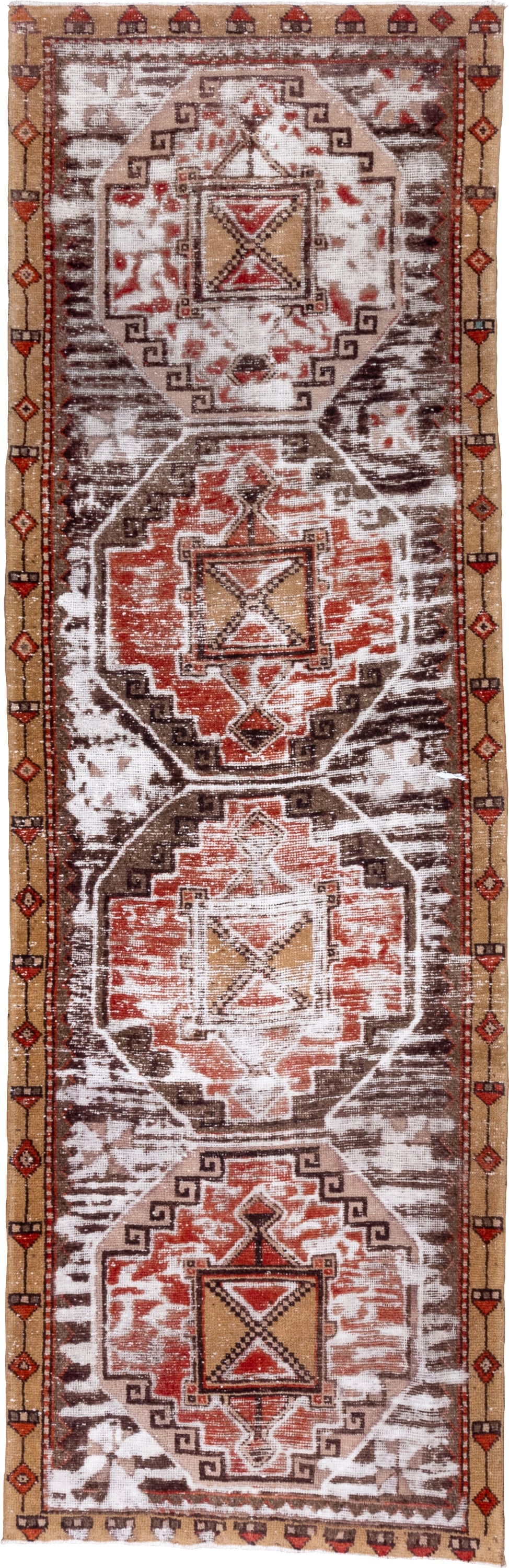 3' x 10' one-of-a-kind handmade vintage Oushak runner rug. Color palette: ivory, brown, rust, camel, terracotta, charcoal