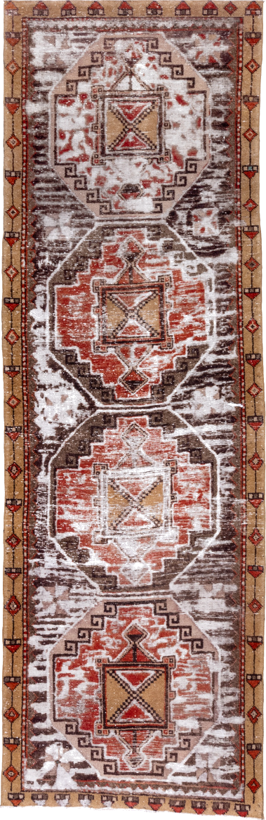 3' x 10' one-of-a-kind handmade vintage Oushak runner rug. Color palette: brown, gray, light gray, off-white, pink, red