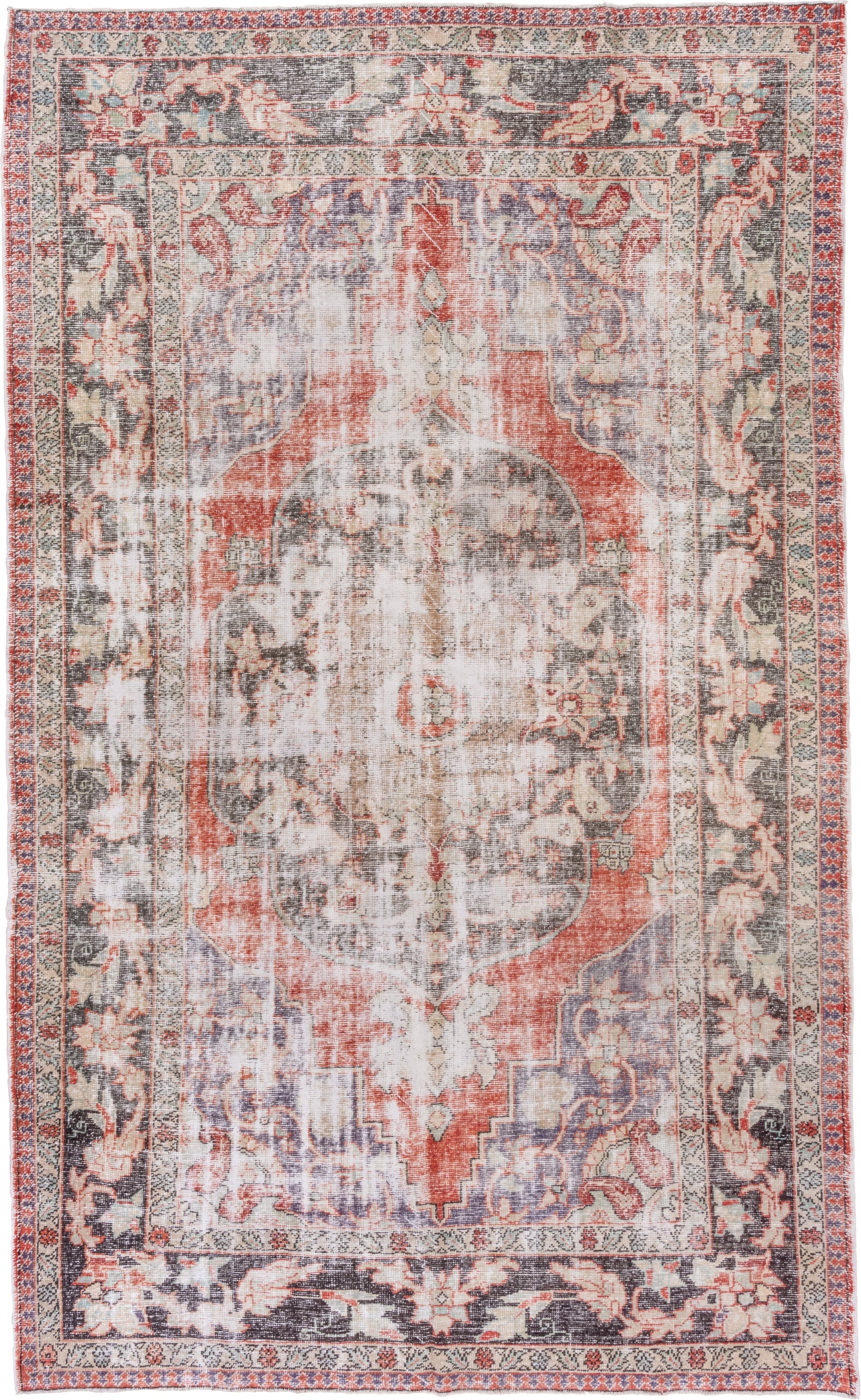 8' x 13' one-of-a-kind handmade vintage Oushak large size rug. Color palette: ivory, coral, charcoal, slate, taupe, rose