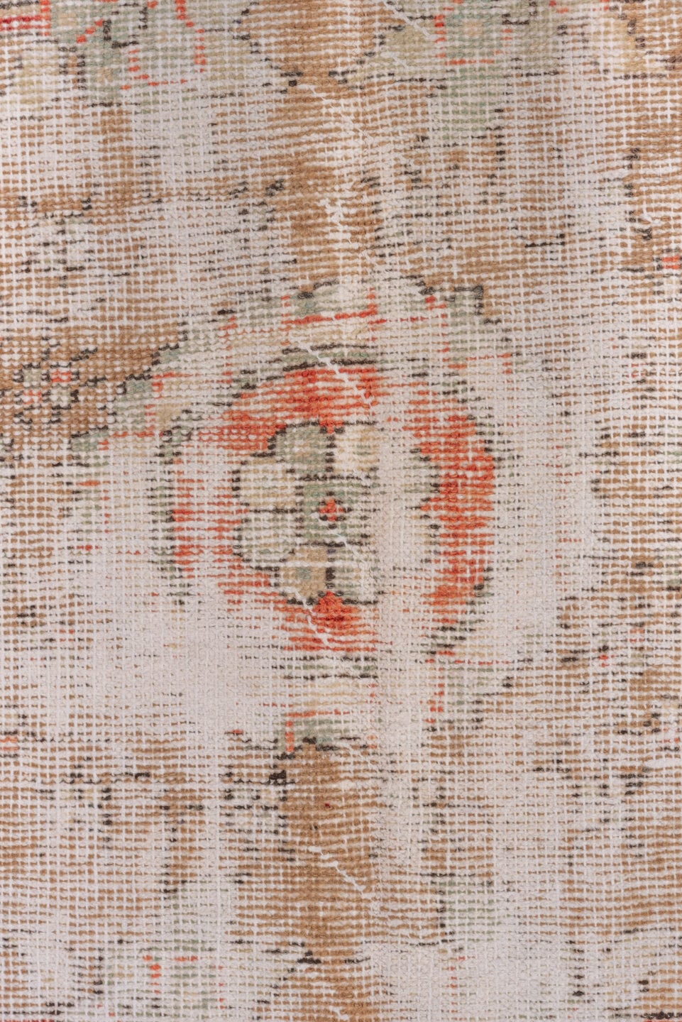8' x 13' one-of-a-kind handmade vintage Oushak large size rug. Color palette: ivory, coral, charcoal, slate, taupe, rose