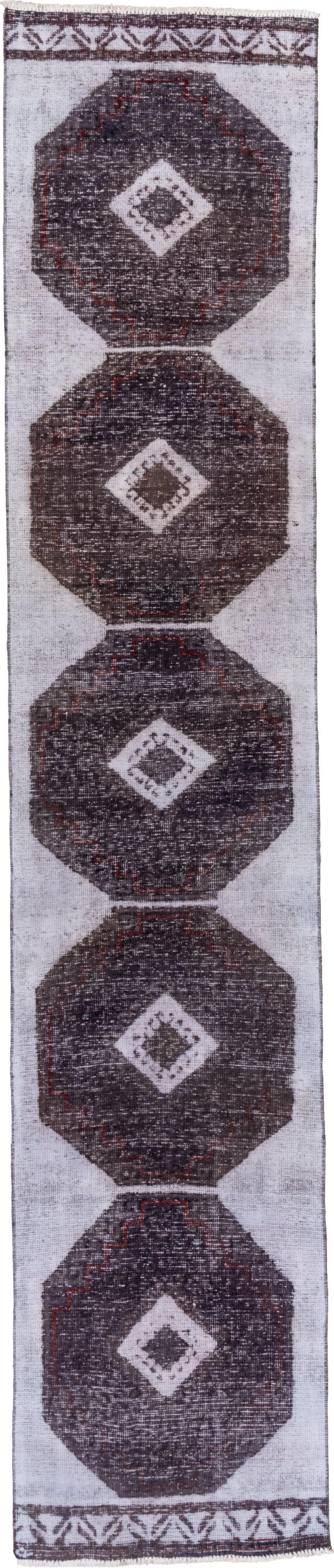 2' x 13' one-of-a-kind handmade vintage Oushak runner rug. Color palette: ivory, charcoal, taupe, brown, burgundy, gray