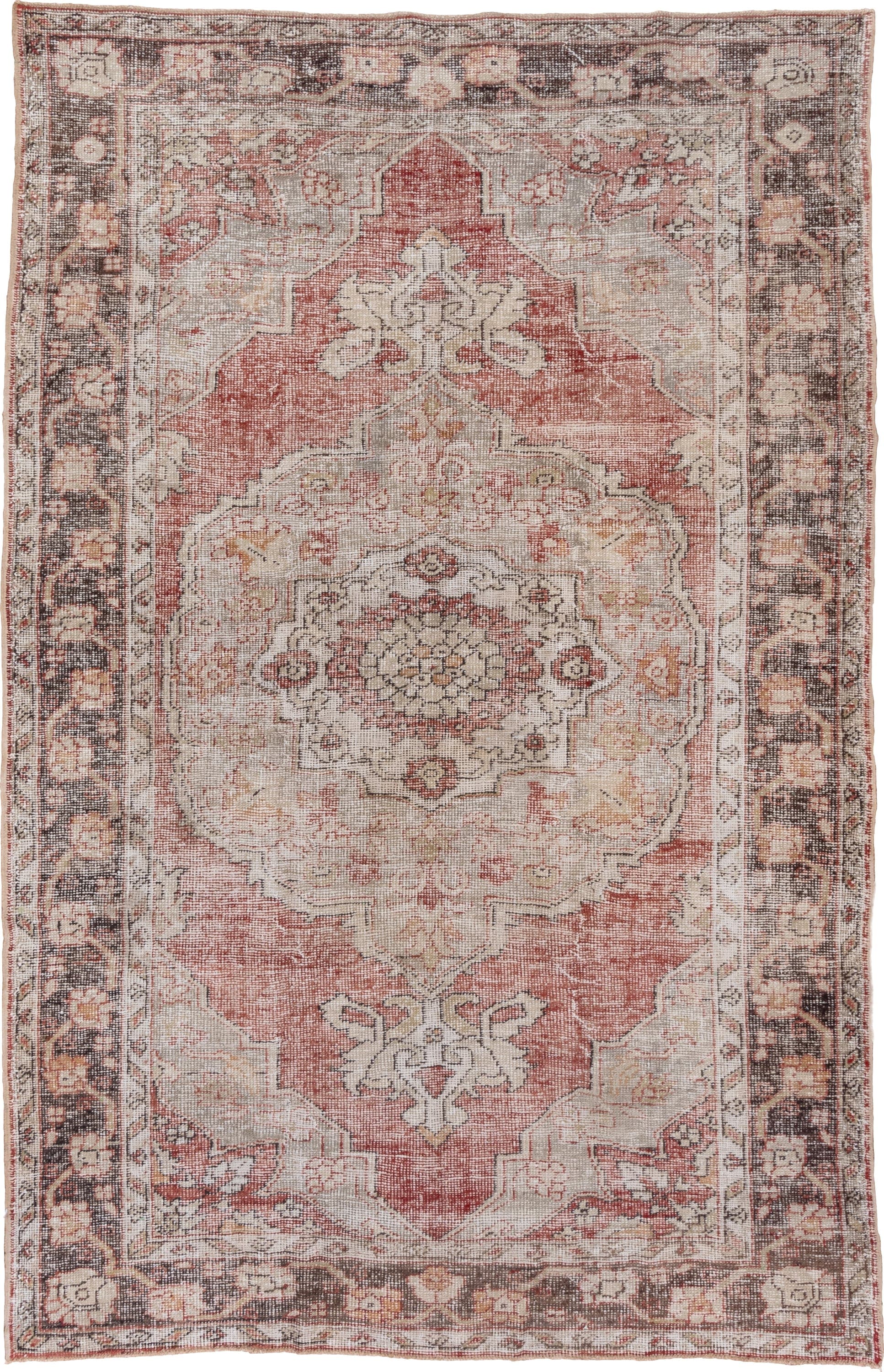 7' x 10' one-of-a-kind handmade vintage Oushak large size rug. Color palette: rose, ivory, charcoal, taupe, blush, camel