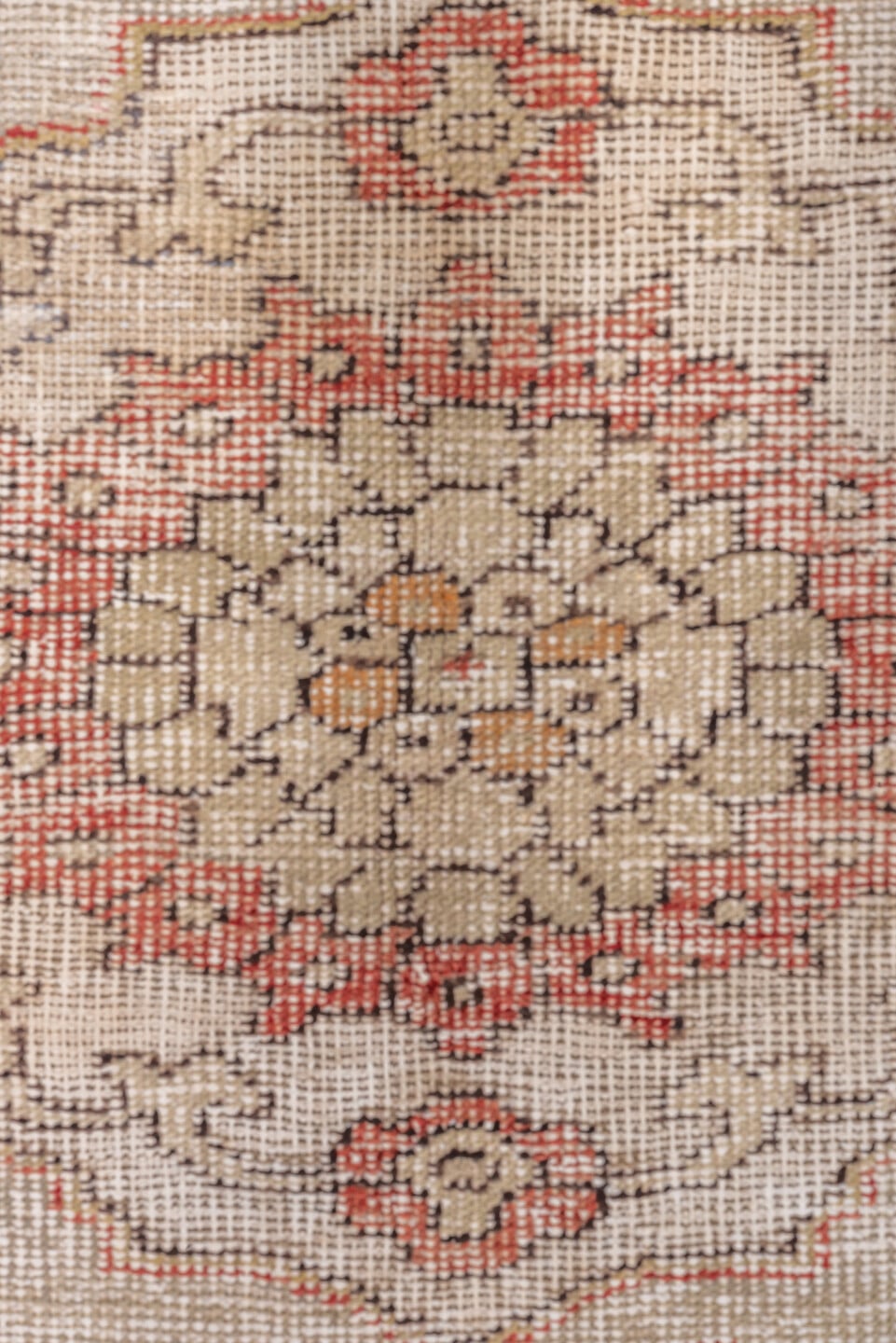 7' x 10' one-of-a-kind handmade vintage Oushak large size rug. Color palette: rose, ivory, charcoal, taupe, blush, camel