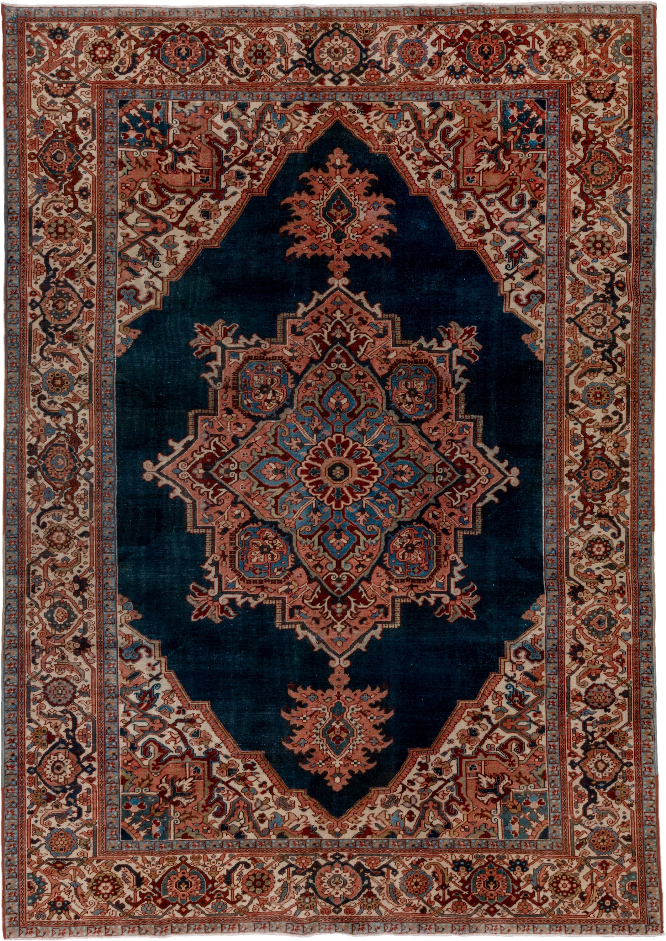 8' x 12' one-of-a-kind handmade vintage Heriz large size rug. Color palette: navy, ivory, terra cotta, rust, sky blue