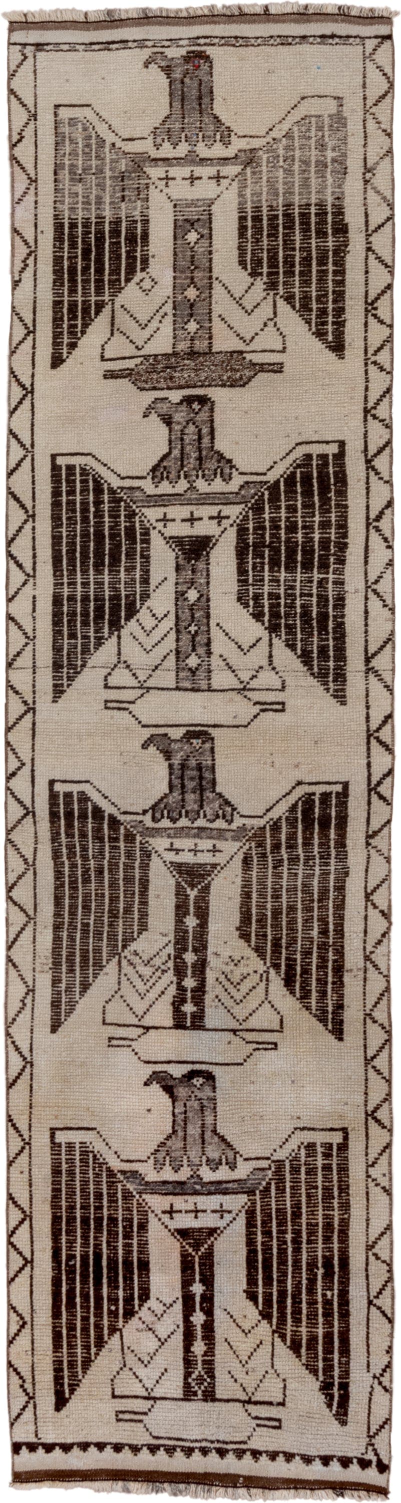 3' x 11' one-of-a-kind handmade vintage Kars runner rug. Color palette: ivory, brown, taupe, charcoal, beige, gray, black