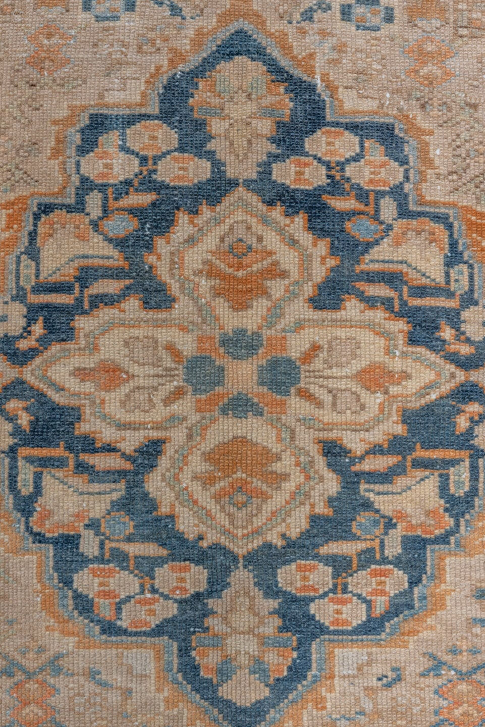 9' x 12' one-of-a-kind handmade vintage Malayer large size rug. Color palette: ivory, blue, peach, gold, beige, camel