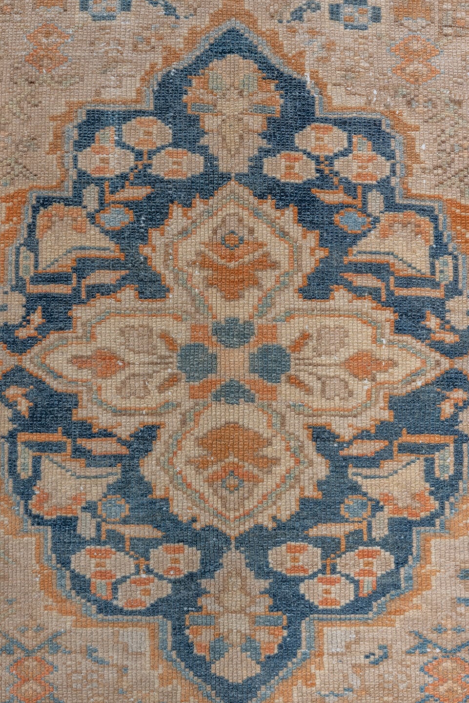 9' x 12' one-of-a-kind handmade vintage Malayer large size rug. Color palette: ivory, blue, peach, gold, beige, camel