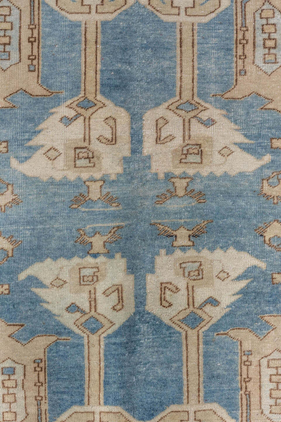 6' x 10' one-of-a-kind handmade antique Oushak large size rug. Color palette: sky blue, ivory, taupe, beige, camel, brown