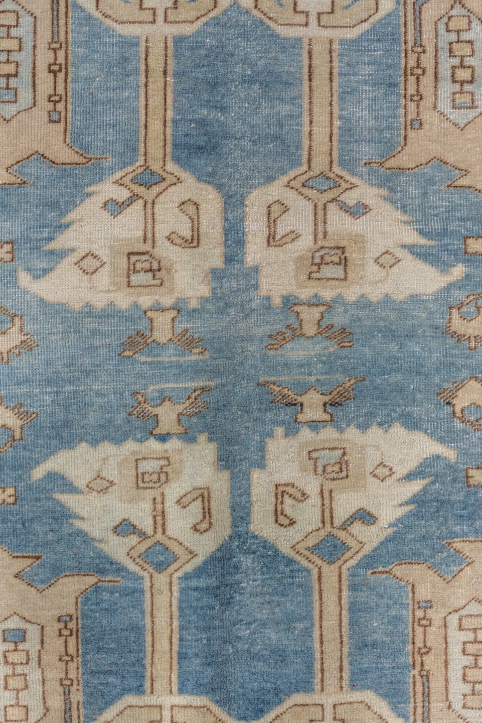 6' x 10' one-of-a-kind handmade antique Oushak large size rug. Color palette: sky blue, ivory, taupe, beige, camel, brown