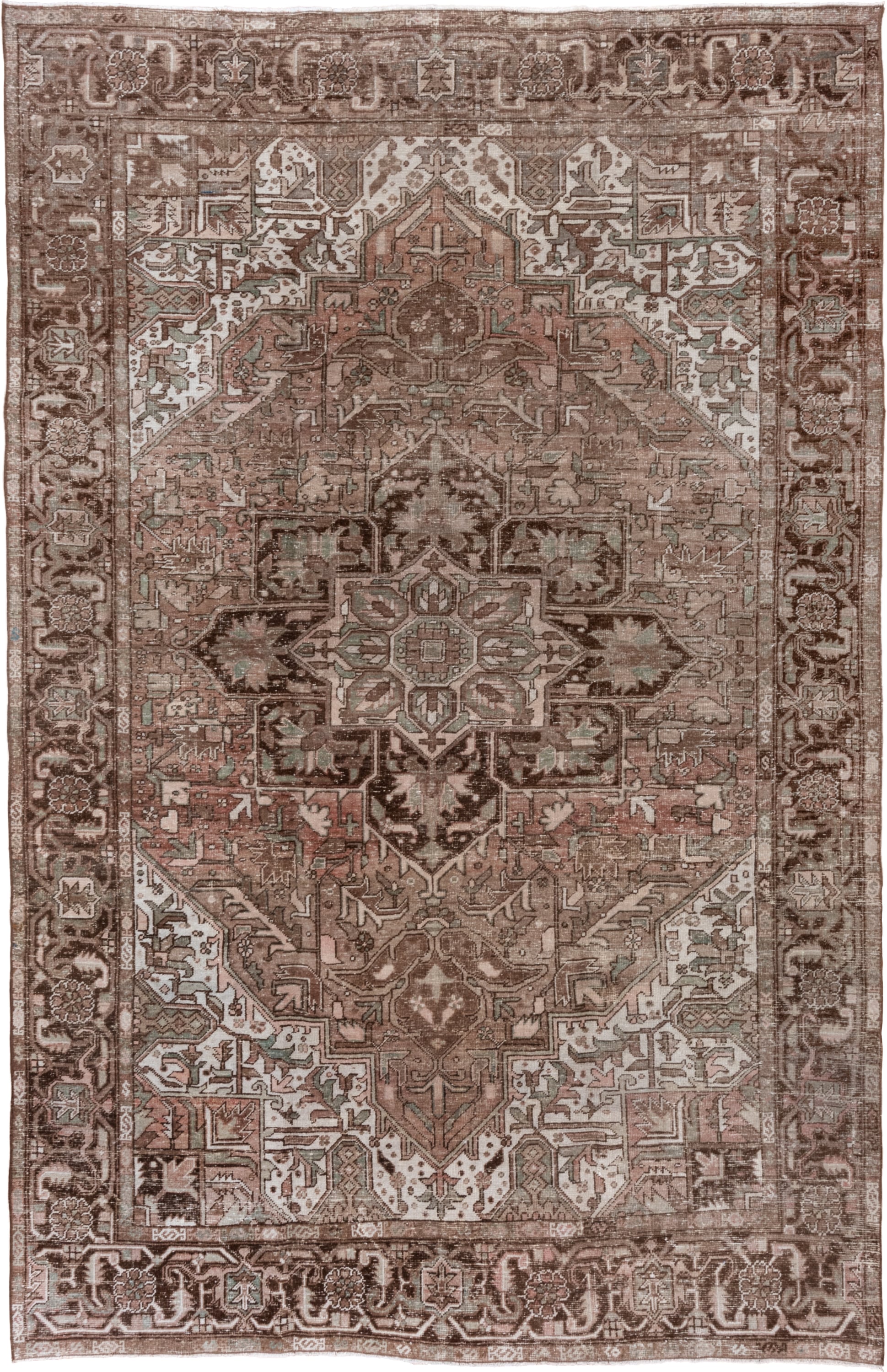 8' x 12' one-of-a-kind handmade antique Heriz large size rug. Color palette: rose, brown, ivory, taupe, sage, charcoal, pink