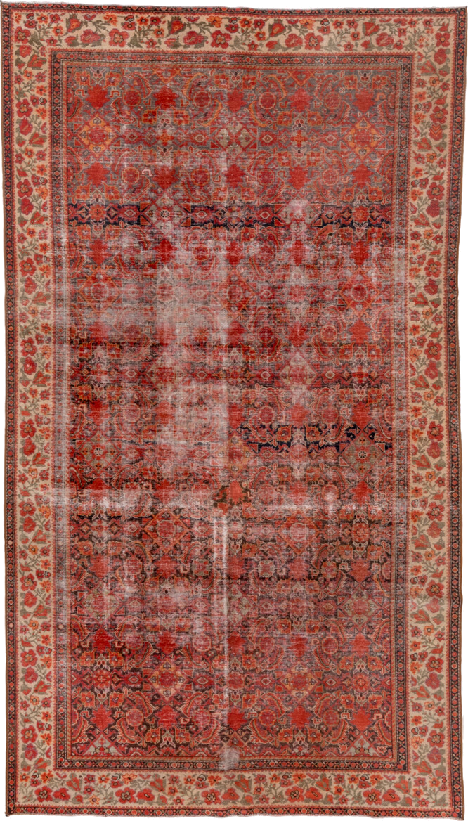 5' x 9' one-of-a-kind handmade vintage Malayer medium size rug. Color palette: rust, ivory, coral, navy, terracotta, taupe
