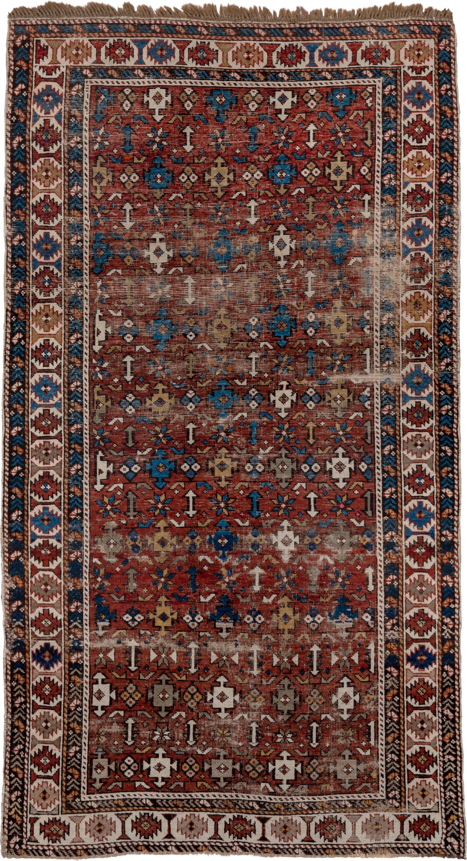 4' x 7' one-of-a-kind handmade vintage Shirvan rug. Color palette: rust, ivory, blue, camel, brown, charcoal, terracotta