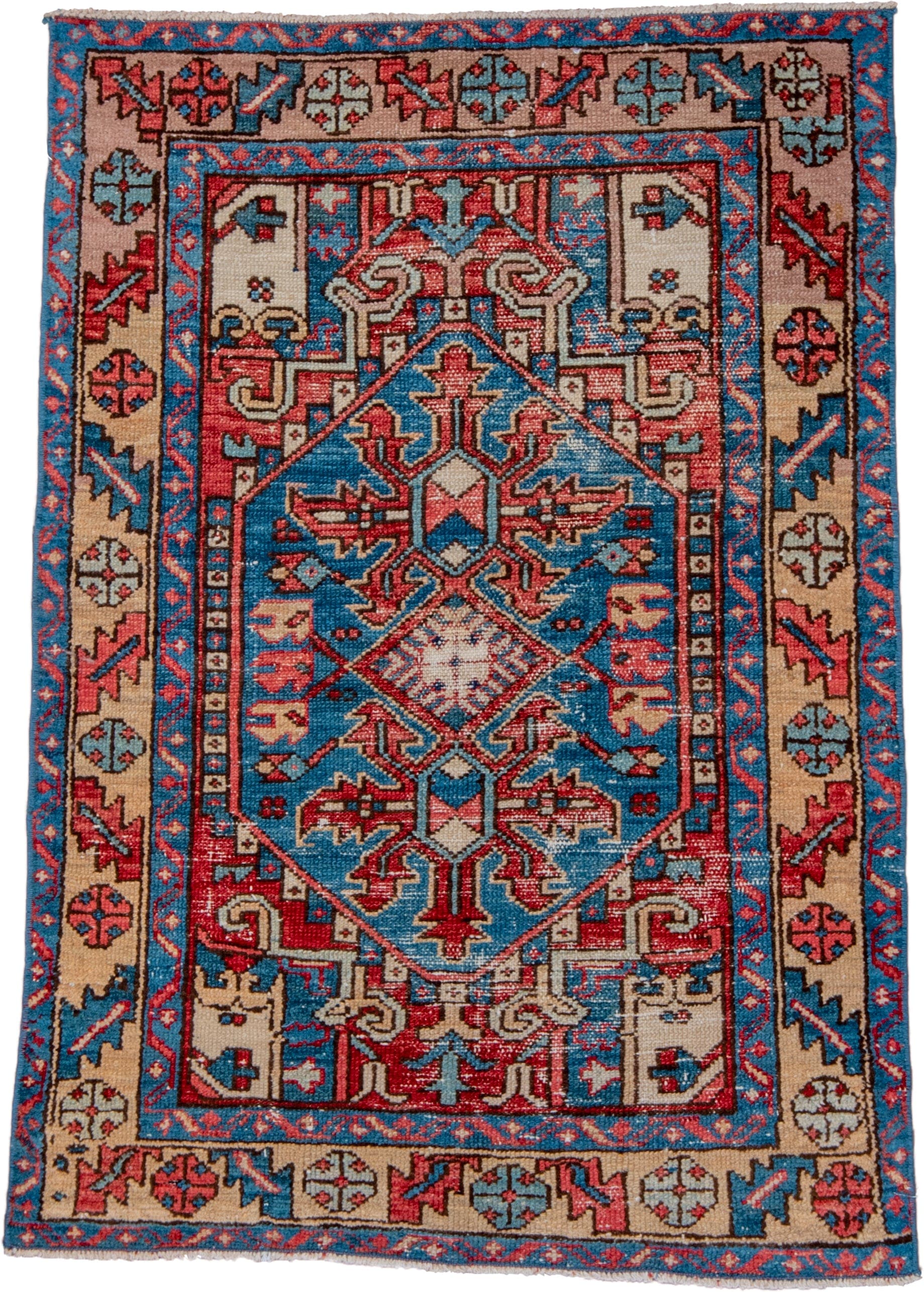 3' x 4' one-of-a-kind handmade vintage Heriz small size rug. Color palette: sky blue, ivory, crimson, navy, coral, taupe