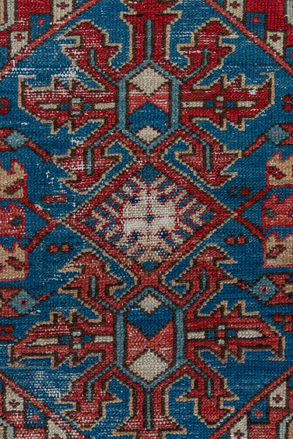 3' x 4' one-of-a-kind handmade vintage Heriz small size rug. Color palette: sky blue, ivory, crimson, navy, coral, taupe