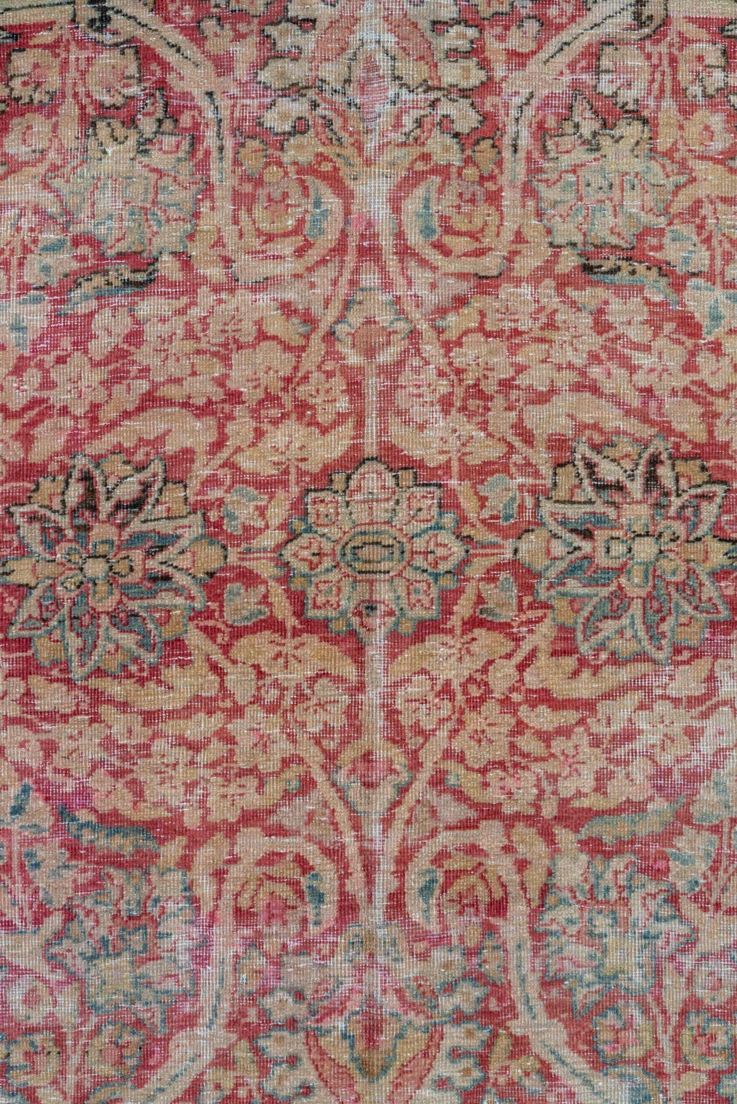 9' x 18' one-of-a-kind handmade vintage Lavar rug. Color palette: rose, ivory, blush, sage, taupe, dusty blue, burgundy