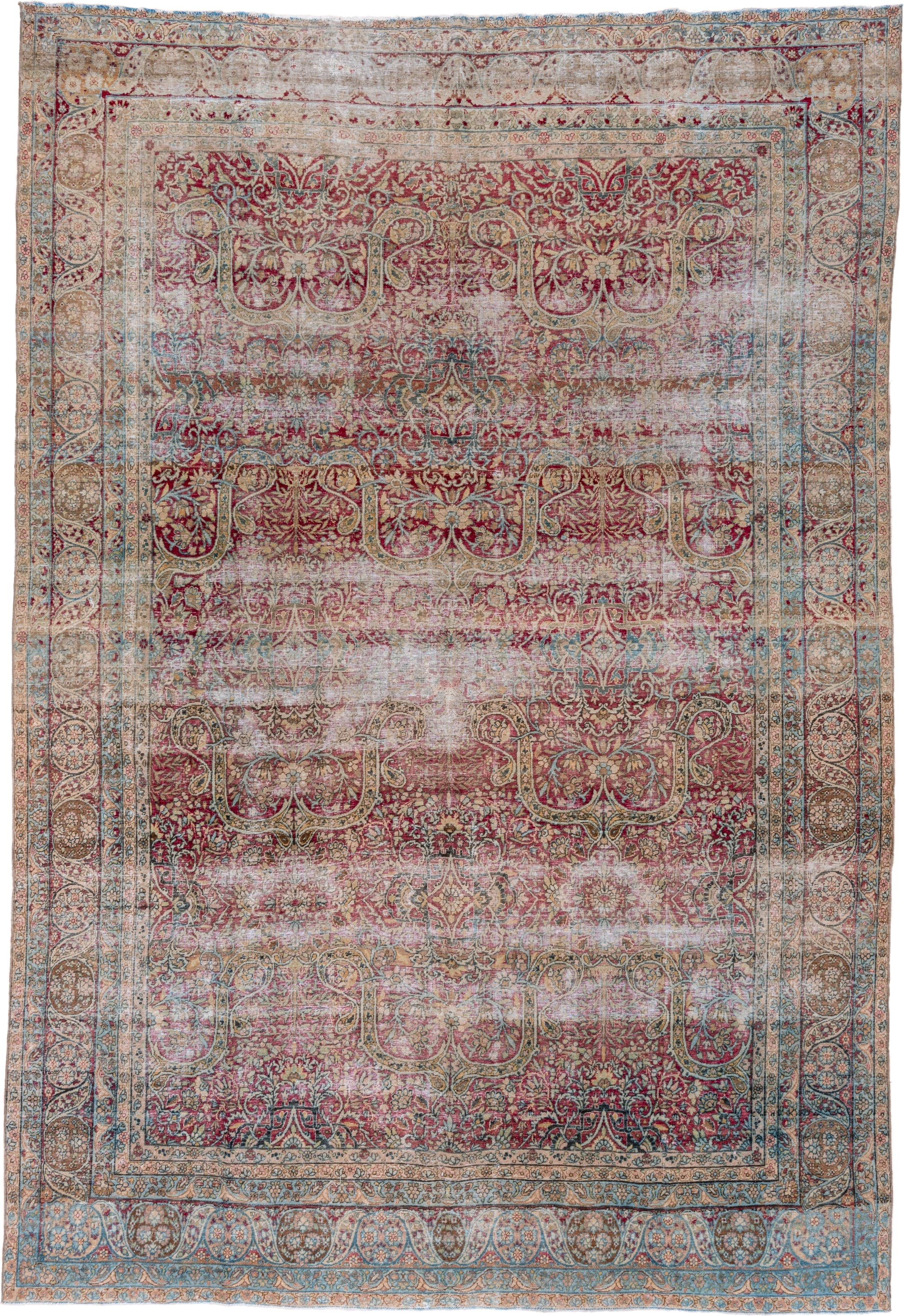 8' x 12' one-of-a-kind handmade vintage Lavar large size rug. Color palette: rose, ivory, burgundy, sky blue, beige, taupe