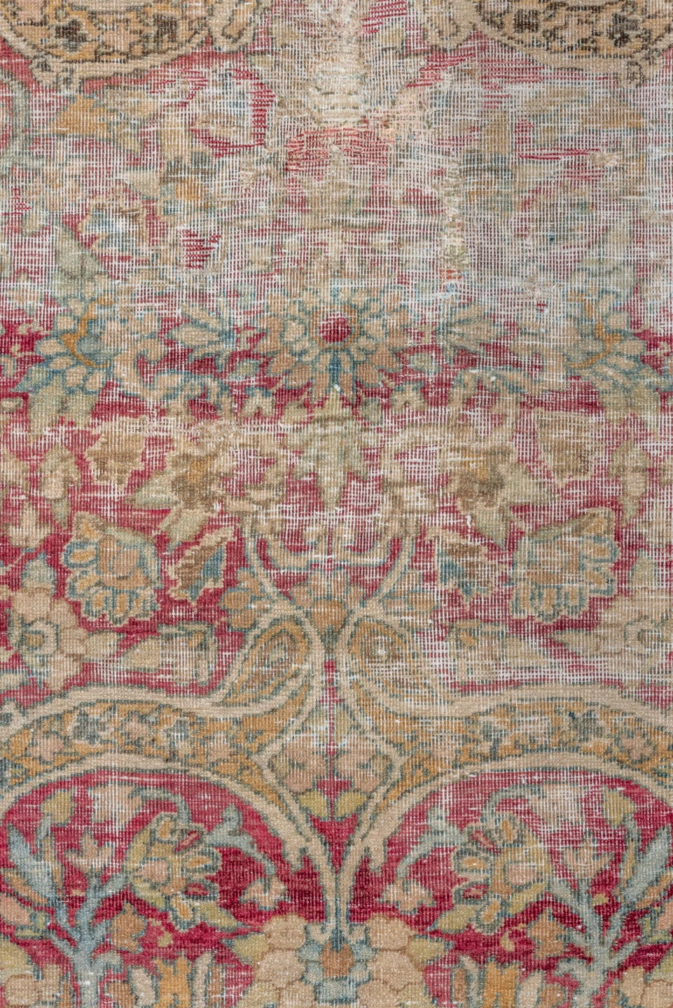 8' x 12' one-of-a-kind handmade vintage Lavar large size rug. Color palette: rose, ivory, burgundy, sky blue, beige, taupe