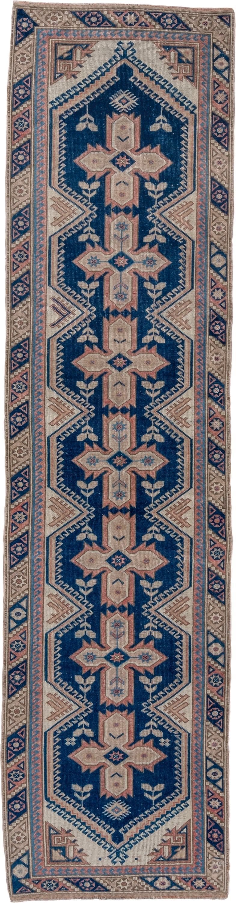 2' x 9' one-of-a-kind handmade vintage Oushak runner rug. Color palette: navy, ivory, blush, taupe, camel, blue, pink, beige