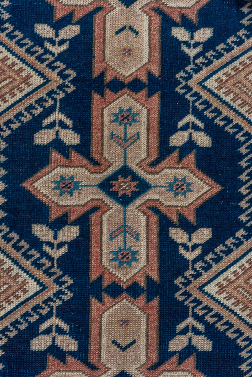 2' x 9' one-of-a-kind handmade vintage Oushak runner rug. Color palette: navy, ivory, blush, taupe, camel, blue, pink, beige