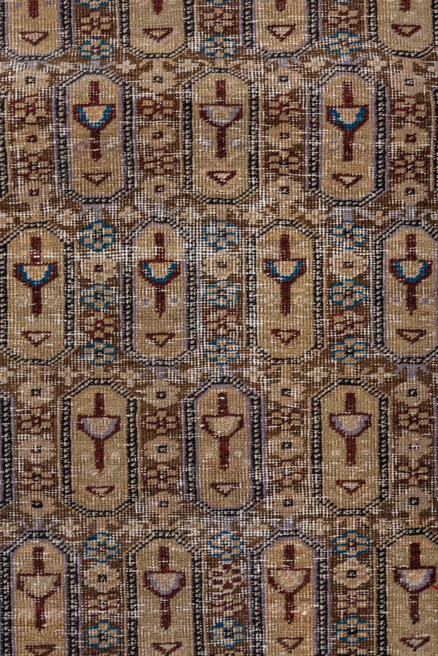3' x 18' one-of-a-kind handmade vintage Shirvan runner rug. Color palette: ivory, camel, taupe, slate, rust, blue, brown