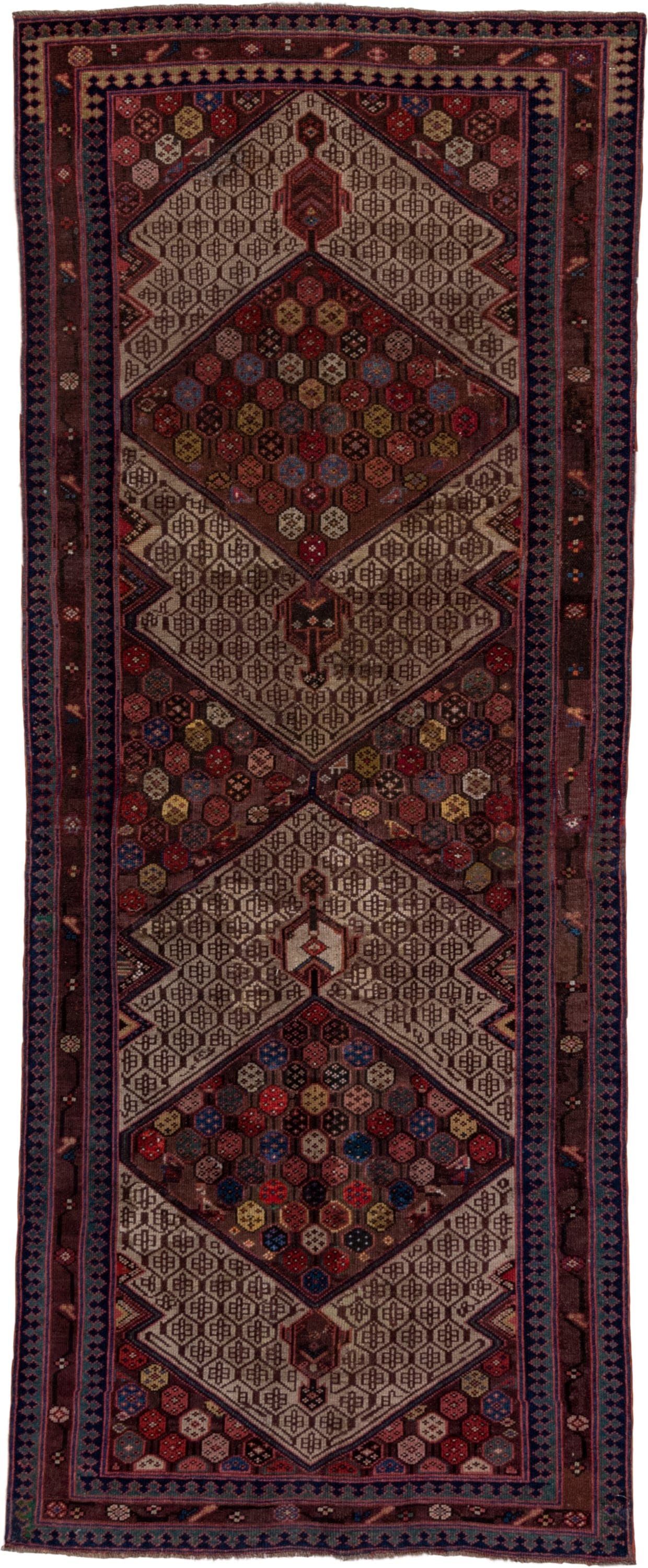 4' x 10' one-of-a-kind handmade vintage Cam Hamadan runner rug. Color palette: ivory, burgundy, navy, rust, brown, rose