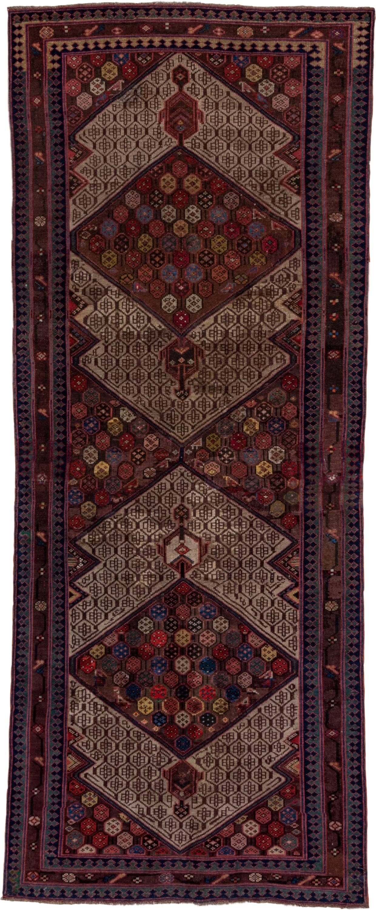 4' x 10' one-of-a-kind handmade vintage Cam Hamadan runner rug. Color palette: ivory, burgundy, navy, rust, brown, rose